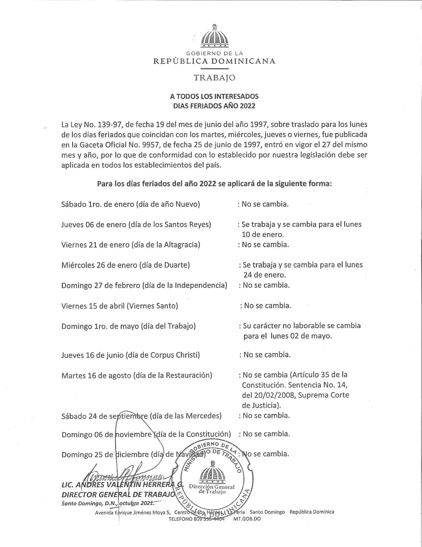 RESOLUCION DIASFERADOS NO LABORABLES RD 2022 0001